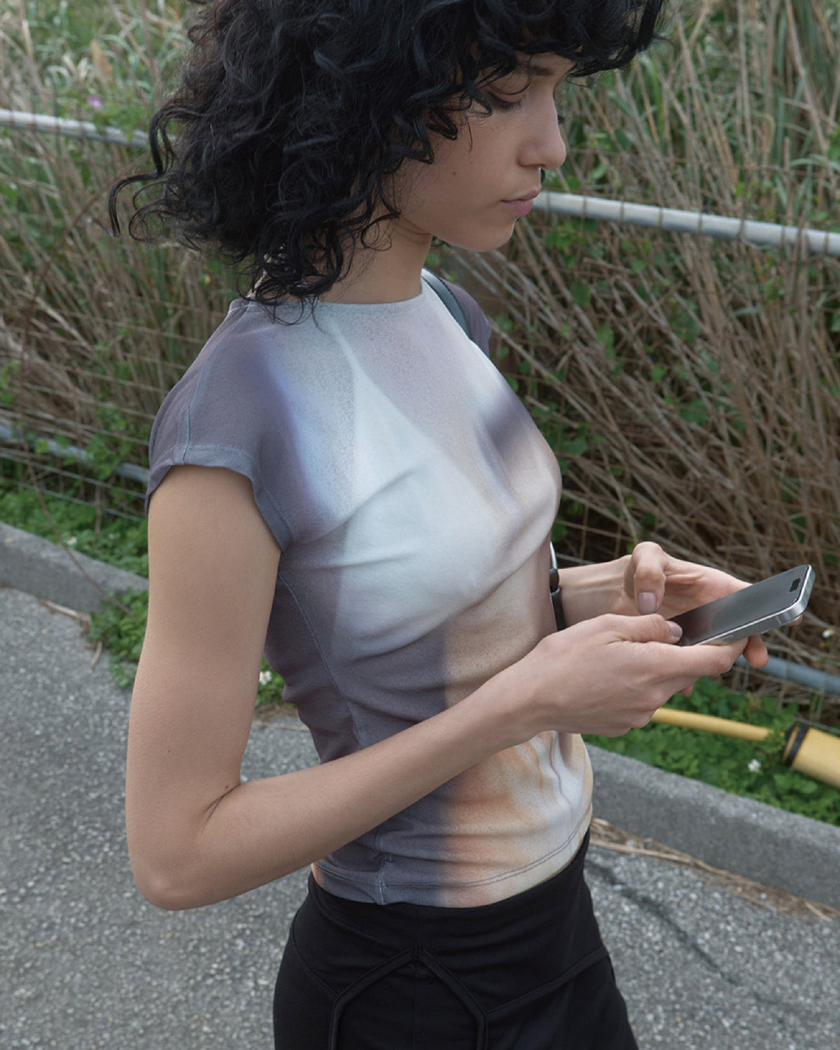 Print Cap Sleeve Top - Charcoal