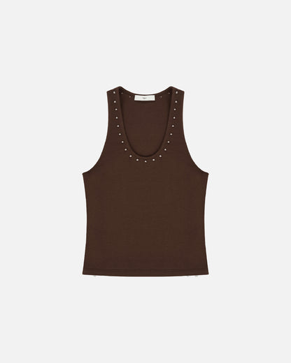 Stud U Neck Tank Top - Brown