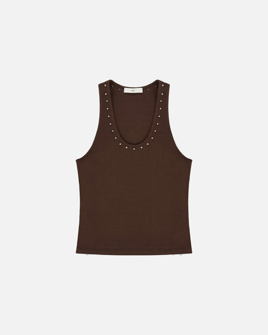 Stud U Neck Tank Top - Brown