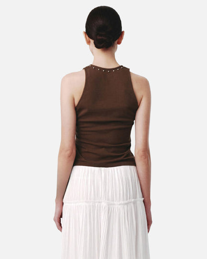 Stud U Neck Tank Top - Brown